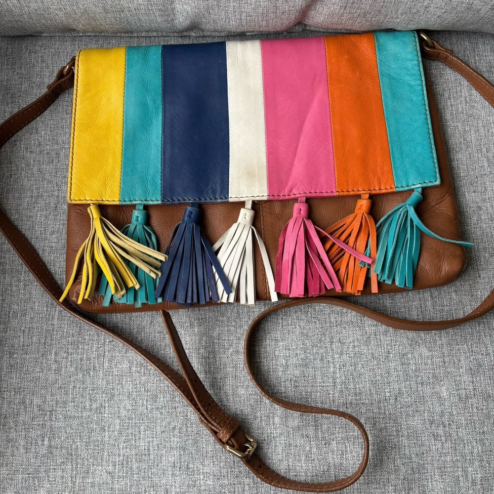 Clever Carriage Co Genuine Leather Color Stripe Tassels Brown 12" Crossbody